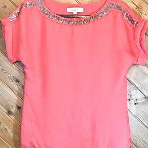 LOFT Cuffed S/S Semi-Sheer Top, Melon & Silver, XS